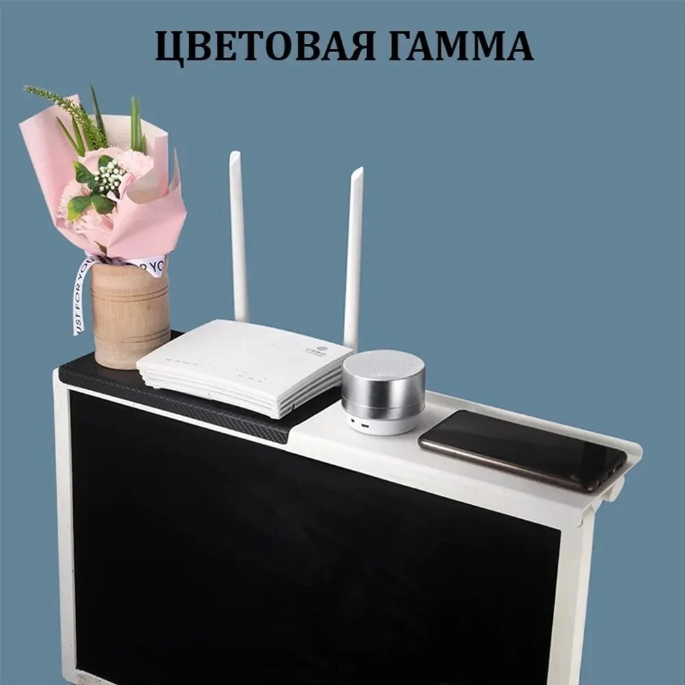 Adjustable Computer and TV Screen top storage shelf- no drill screen rack for router, remote & accessories