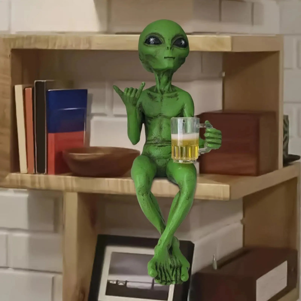 Funny green Alien drinking statue - resin desktop & garden decoration