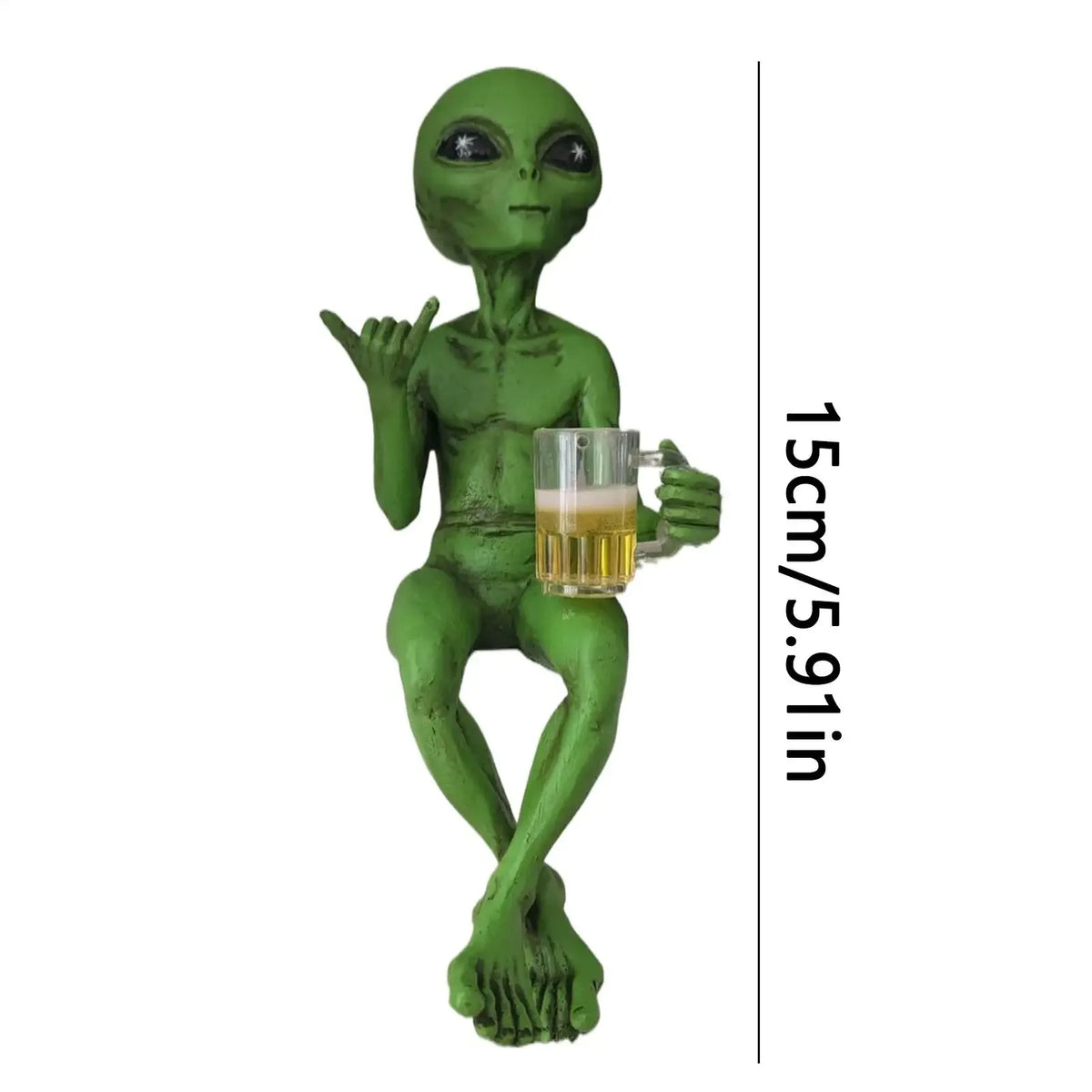 Funny green Alien drinking statue - resin desktop & garden decoration