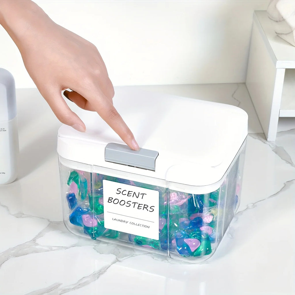Laundry detergent pod storage container with pop- up lid - black