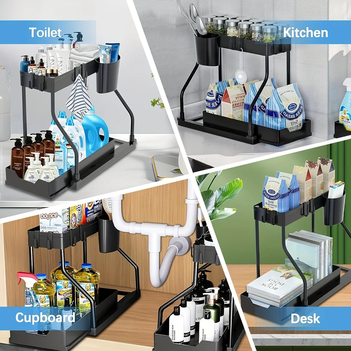 2 Tier Under Sink Organizer- Stainless steel kitchen & bathroom storage rack