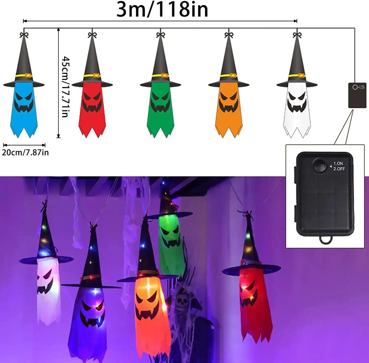 5 Pcs Halloween Witch Hat String Lights - 3m colourful LED hanging decorations