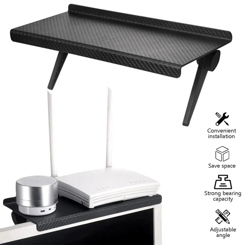 Adjustable Computer and TV Screen top storage shelf- no drill screen rack for router, remote & accessories