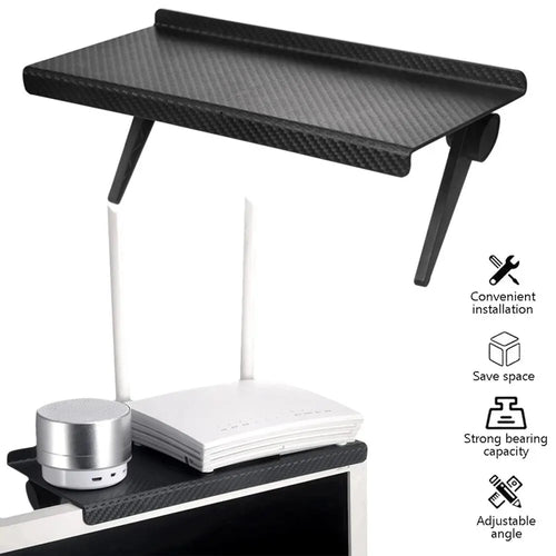 Adjustable Computer and TV Screen top storage shelf- no drill screen rack for router, remote & accessories