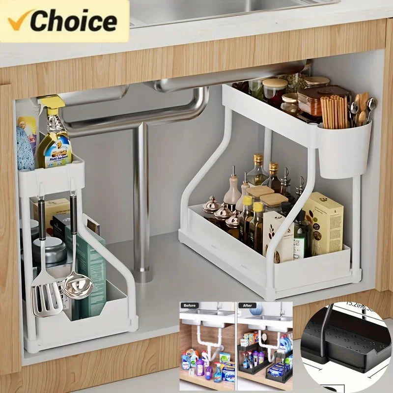 2 Tier Under Sink Organizer- Stainless steel kitchen & bathroom storage rack