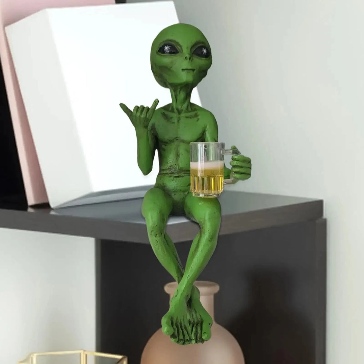Funny green Alien drinking statue - resin desktop & garden decoration