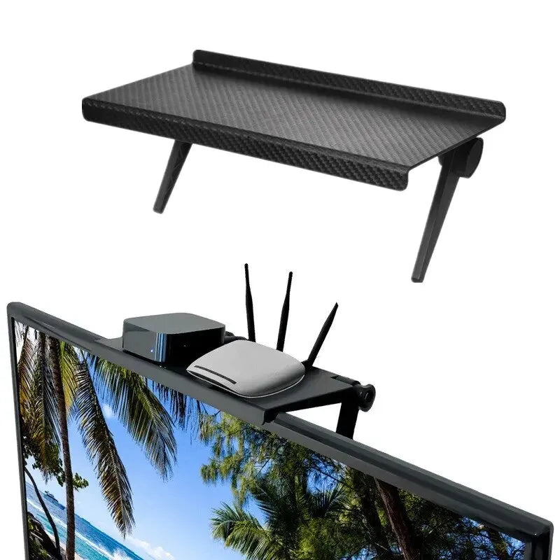 Adjustable Computer and TV Screen top storage shelf- no drill screen rack for router, remote & accessories