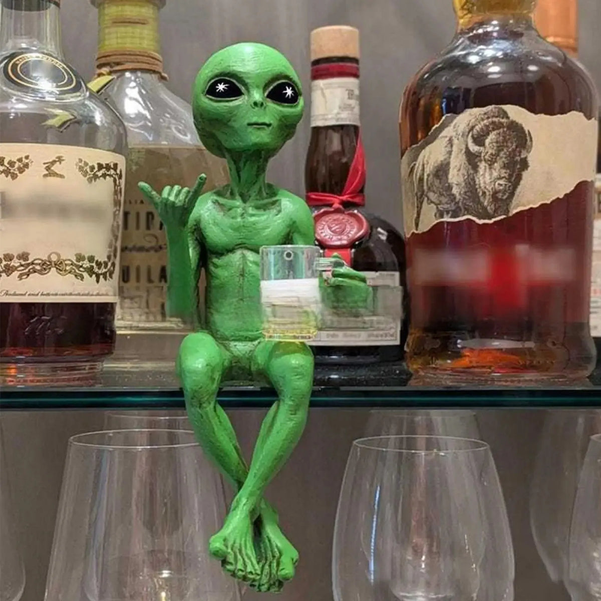 Funny green Alien drinking statue - resin desktop & garden decoration